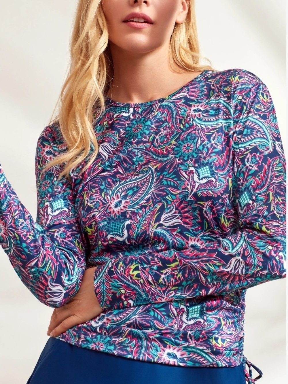 Caribbean Joe Blue Paisley Long-Sleeve Top Sun Shirt UPF Sun Protection Sz S